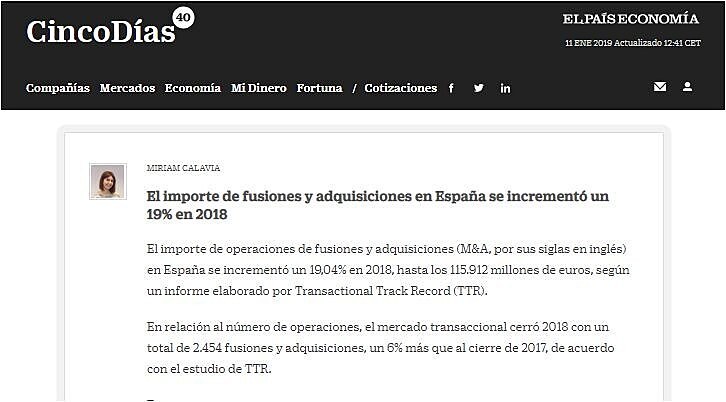 El importe de fusiones y adquisiciones en Espaa se increment un 19% en 2018